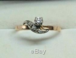 Vintage Ring NATURAL DIAMOND YAKUTIA USSR ROSE & WHITE Gold 583 14K Star Russian
