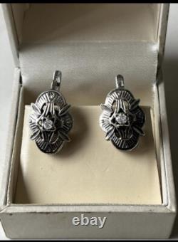 Vintage Russian Earrings Soviet Era Sterling Silver CZ Stone Jewelry USSR