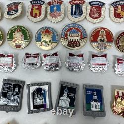 Vintage Russian Lapel x 53 Hat Pins USSR Soviet City Landmarks Enamel 1993