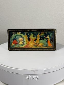 Vintage Russian Palekh Lacquer Box Fairy Tale USSR Hand Painted Soviet Stamps