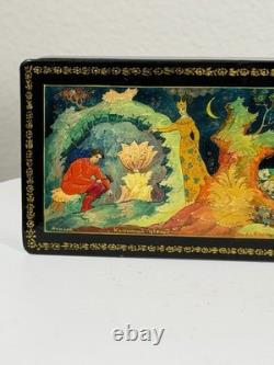 Vintage Russian Palekh Lacquer Box Fairy Tale USSR Hand Painted Soviet Stamps