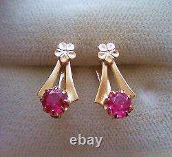 Vintage Russian Russia Soviet USSR Solid 14K 583 Rose Pink Gold Ruby EARRINGS