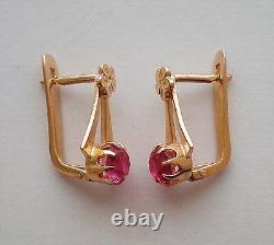 Vintage Russian Russia Soviet USSR Solid 14K 583 Rose Pink Gold Ruby EARRINGS