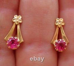 Vintage Russian Russia Soviet USSR Solid 14K 583 Rose Pink Gold Ruby EARRINGS