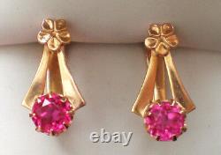Vintage Russian Russia Soviet USSR Solid 14K 583 Rose Pink Gold Ruby EARRINGS