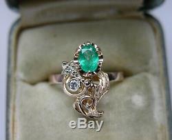 Vintage Russian Soviet 583 14k Rose Gold Natural Emerald Diamond Ring