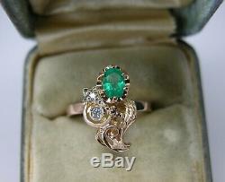 Vintage Russian Soviet 583 14k Rose Gold Natural Emerald Diamond Ring