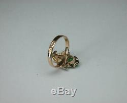 Vintage Russian Soviet 583 14k Rose Gold Natural Emerald Diamond Ring