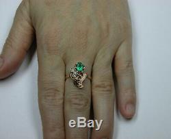 Vintage Russian Soviet 583 14k Rose Gold Natural Emerald Diamond Ring