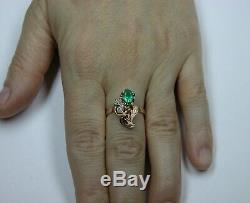 Vintage Russian Soviet 583 14k Rose Gold Natural Emerald Diamond Ring