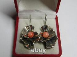 Vintage Russian Soviet Earrings Sterling Silver 925 Coral, Women's Jewelry 10.92g