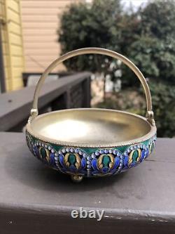 Vintage Russian Soviet Enamel On Silver Sugar Bowl, circa 1970