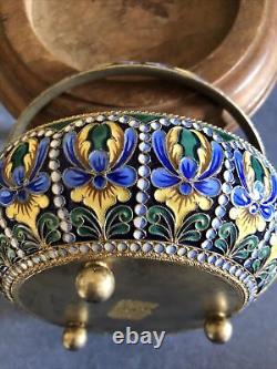 Vintage Russian Soviet Enamel On Silver Sugar Bowl, circa 1970