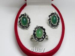 Vintage Russian Soviet Set Earrings Ring Sterling Silver 925 Chrysoprase USSR