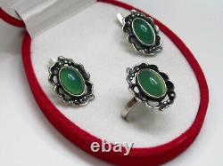 Vintage Russian Soviet Set Earrings Ring Sterling Silver 925 Chrysoprase USSR