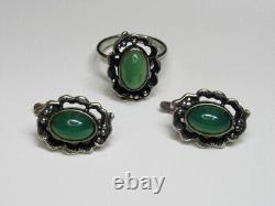 Vintage Russian Soviet Set Earrings Ring Sterling Silver 925 Chrysoprase USSR