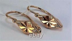 Vintage Russian Soviet USSR 14K 585 Rose Pink Gold Diamond Cut Dangle EARRINGS