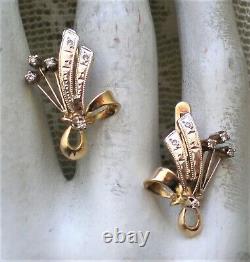 Vintage Russian Soviet USSR 14K 585 Yellow White Gold Diamond Cluster Earrings