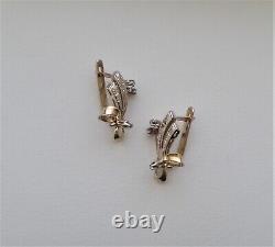 Vintage Russian Soviet USSR 14K 585 Yellow White Gold Diamond Cluster Earrings