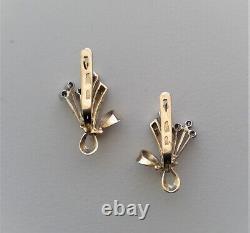 Vintage Russian Soviet USSR 14K 585 Yellow White Gold Diamond Cluster Earrings