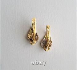Vintage Russian Soviet USSR 18K 750 Yellow White Gold Diamond Leaf EARRINGS