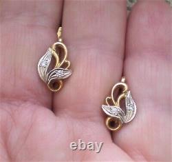 Vintage Russian Soviet USSR 18K 750 Yellow White Gold Diamond Leaf EARRINGS