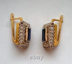 Vintage Russian Soviet USSR 18K 750 Yellow White Gold Diamond Sapphire EARRINGS