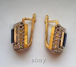 Vintage Russian Soviet USSR 18K 750 Yellow White Gold Diamond Sapphire EARRINGS