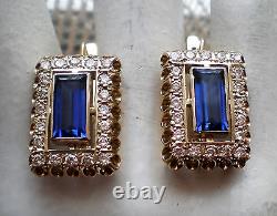 Vintage Russian Soviet USSR 18K 750 Yellow White Gold Diamond Sapphire EARRINGS