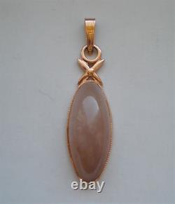 Vintage Russian Soviet USSR Solid 14K 583 Rose Pink Gold Pink Chalcedony Pendant