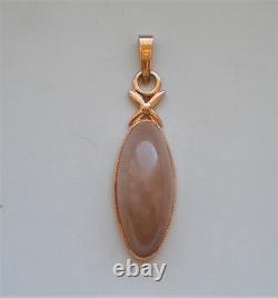 Vintage Russian Soviet USSR Solid 14K 583 Rose Pink Gold Pink Chalcedony Pendant