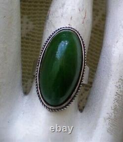 Vintage Russian Soviet USSR Solid Silver 875 Green Nephrite Jade Cocktail Ring