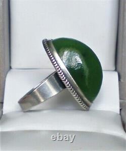 Vintage Russian Soviet USSR Solid Silver 875 Green Nephrite Jade Cocktail Ring