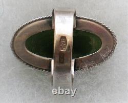 Vintage Russian Soviet USSR Solid Silver 875 Green Nephrite Jade Cocktail Ring