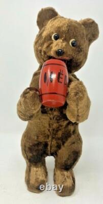 Vintage Russian USSR Soviet CCCP Wind-Up Bear Drinking Honey Works withBox & Key