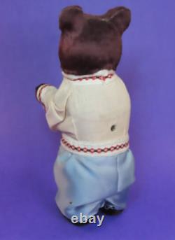 Vintage Russian USSR Soviet Wind-Up Teddy Bear Burgundy Fur 9 Tall Works