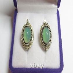 Vintage Soviet Earrings Russian Sterling Silver 875 Chrysoprase Stone USSR