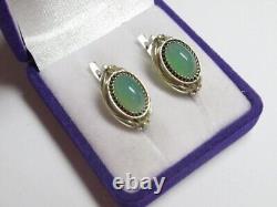 Vintage Soviet Earrings Russian Sterling Silver 875 Chrysoprase Stone USSR