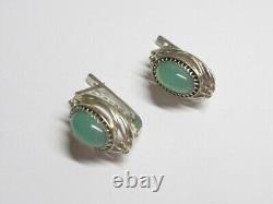 Vintage Soviet Earrings Russian Sterling Silver 875 Chrysoprase Stone USSR