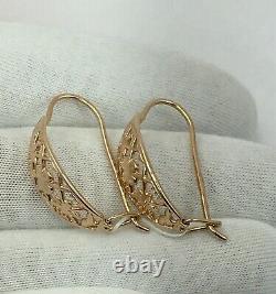 Vintage Soviet Original Russian Rose Gold Earrings 583 14K USSR, Solid Gold 583