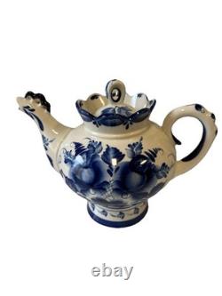 Vintage Soviet/Russia Gzhel Hand Painted Porcelain Teapot 11.5 H x 11.5 W USSR