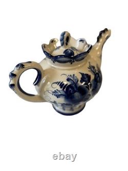 Vintage Soviet/Russia Gzhel Hand Painted Porcelain Teapot 11.5 H x 11.5 W USSR