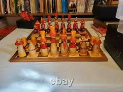 Vintage Soviet Russian Babushka Chess Set Large Wood PIeces Painted 6.5 King