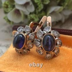 Vintage Soviet Russian GOLD 583 14K Earrings Blue Sapphire Women's Jewelry USSR