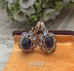 Vintage Soviet Russian GOLD 583 14K Earrings Blue Sapphire Women's Jewelry USSR