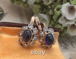 Vintage Soviet Russian GOLD 583 14K Earrings Blue Sapphire Women's Jewelry USSR