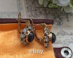 Vintage Soviet Russian GOLD 583 14K Earrings Blue Sapphire Women's Jewelry USSR