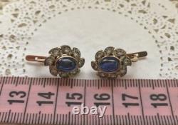 Vintage Soviet Russian GOLD 583 14K Earrings Blue Sapphire Women's Jewelry USSR