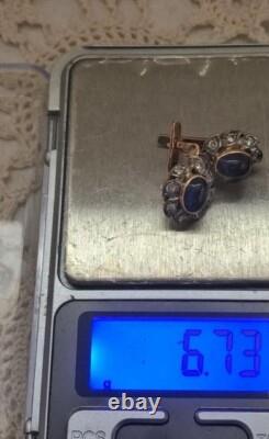 Vintage Soviet Russian GOLD 583 14K Earrings Blue Sapphire Women's Jewelry USSR