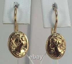 Vintage Soviet Russian Rose Gold Earrings Cameo 583 14K USSR, Solid Gold 583